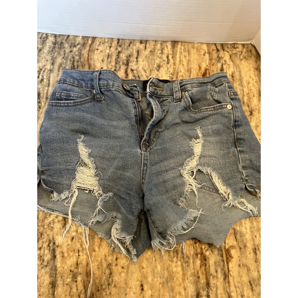 Kendall Kylie Icon Shorty Shorts 3 26 Blue High Rise Raw Distressed Denim Rip